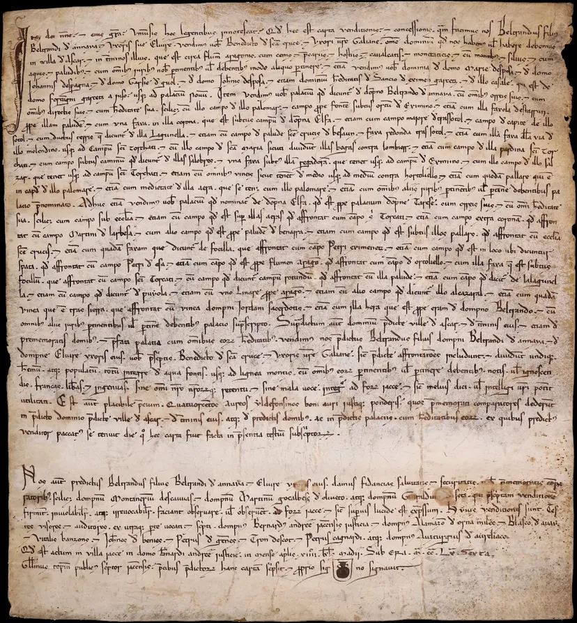 Carta de venta de Jaca del año 1164, con el signo del notario dibujado al pie